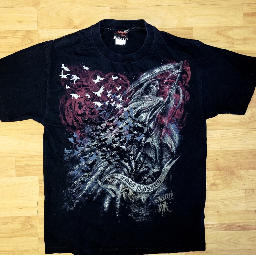 Y2K Miami Ink Ashes To Ashes With Death Skull Black Tee Grungy Graphic, Large.